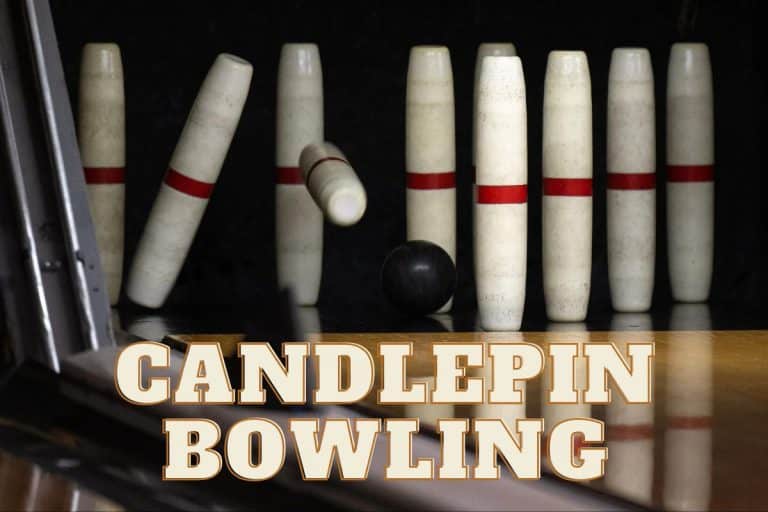 Candlepin pins and ball with the words Candlepin Bowling